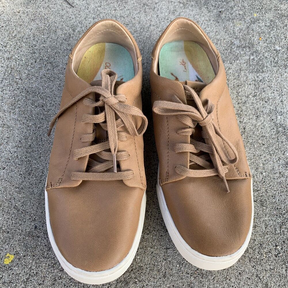 Womens Olukai Pehuea Li ILI Sneakers Tan Leather Convertible Heel Laces Shoe 9.5